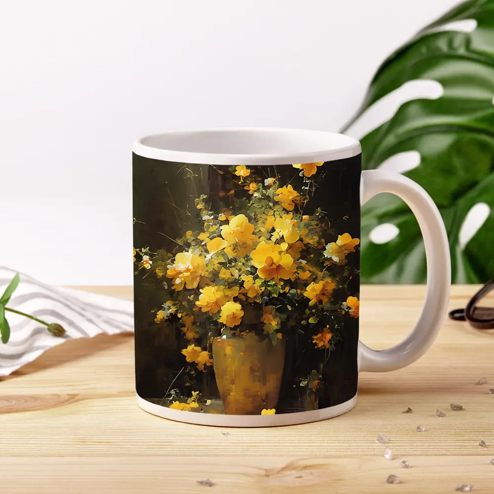 Yellow Roses Bouquet Dark Brown Background – Mugs