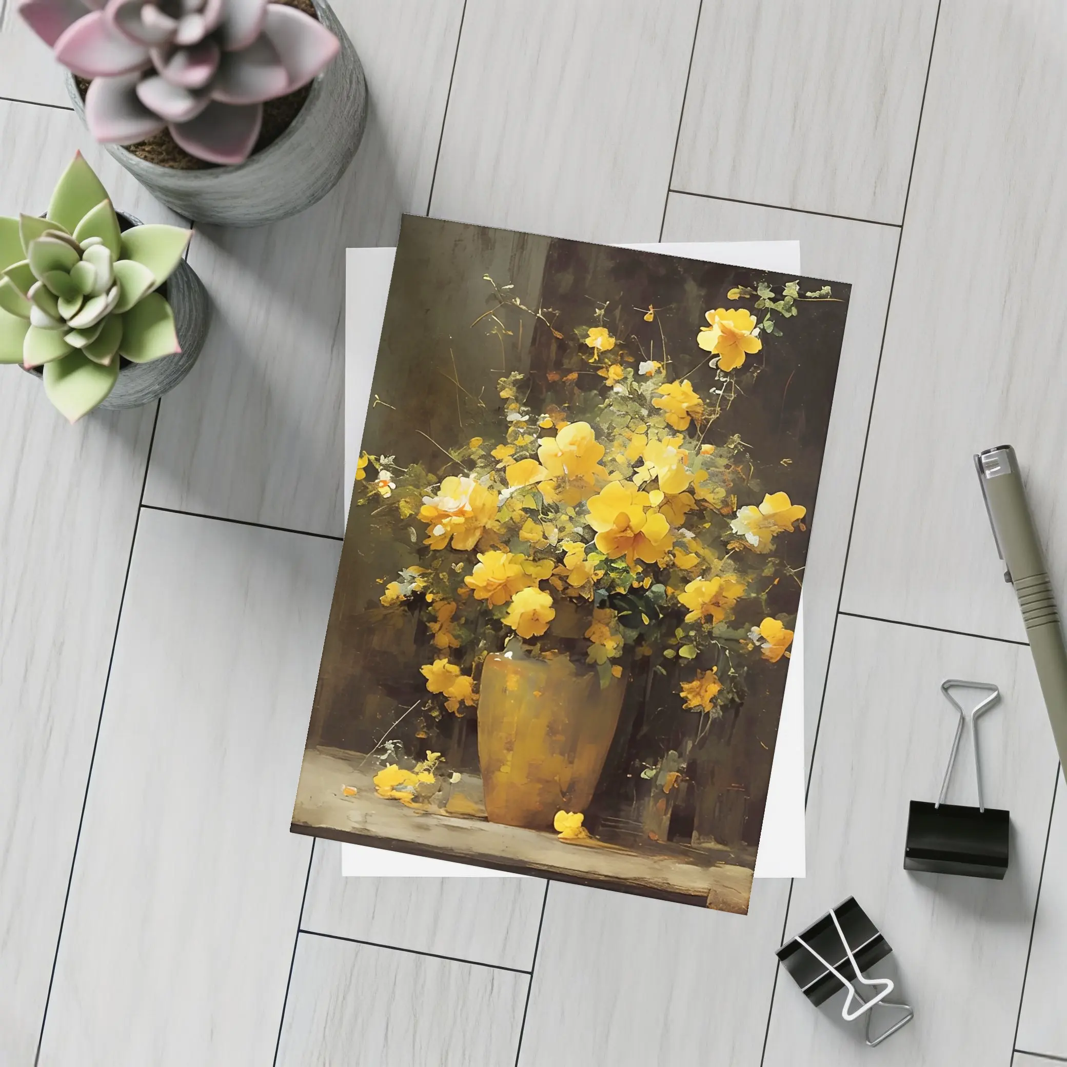 Yellow Roses Bouquet Dark Brown Background – Postcards