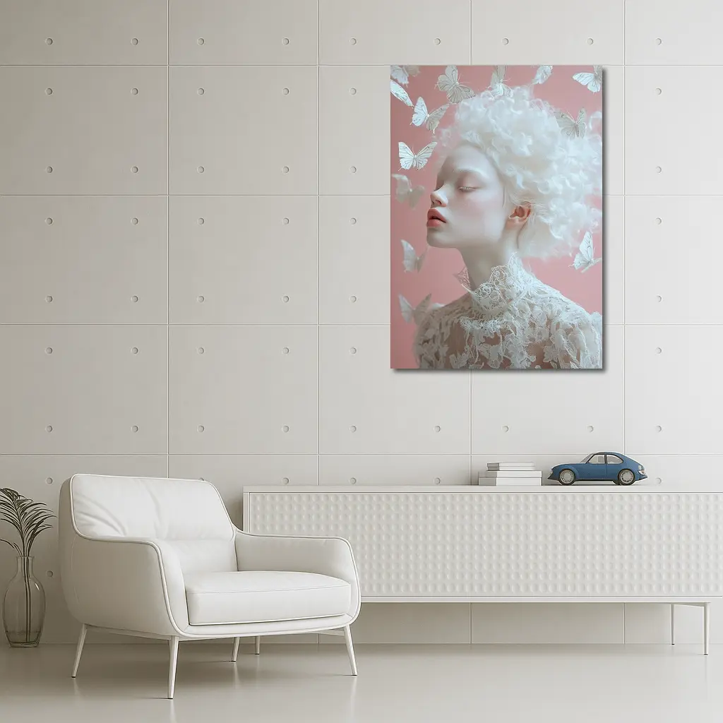 Albino Woman White Butterflies Pink Background – Wall Art