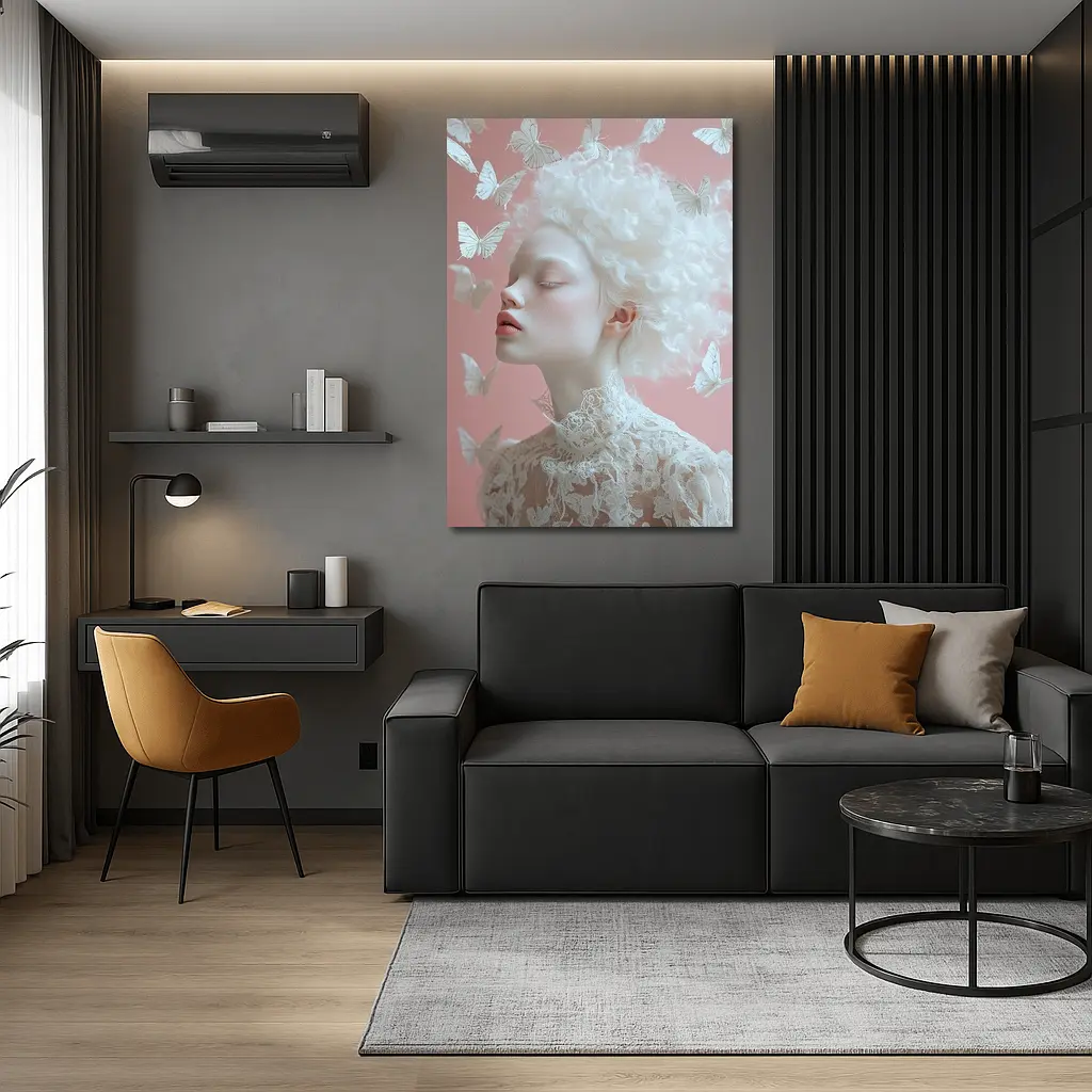 Albino Woman White Butterflies Pink Background – Wall Art