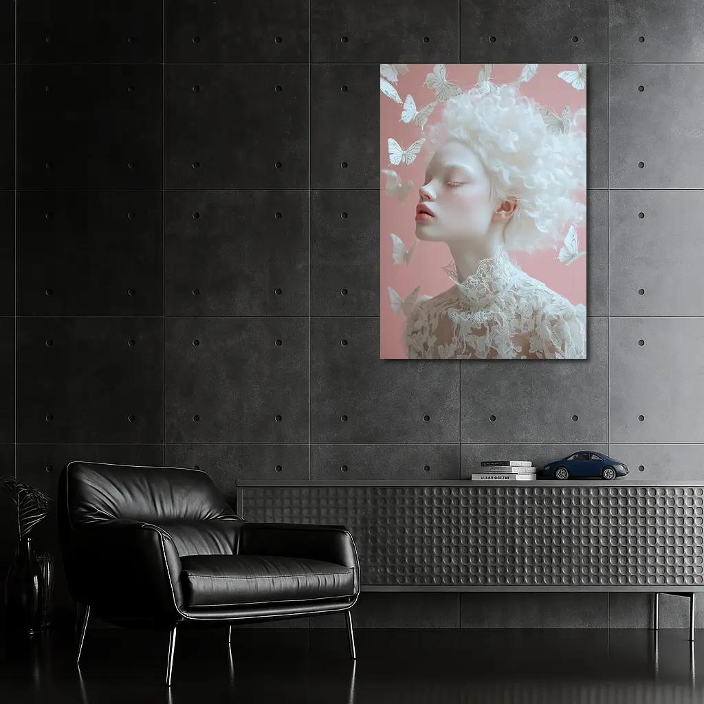 Albino Woman White Butterflies Pink Background – Wall Art