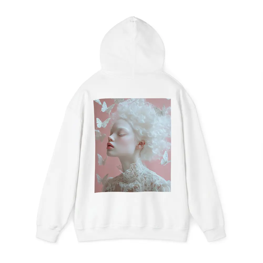 Albino Woman White Butterflies Pink Background – Hoodies