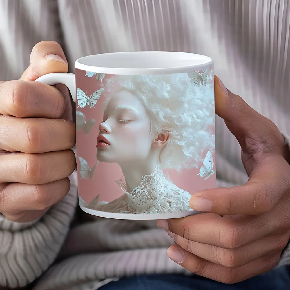 Albino Woman White Butterflies Pink Background – Mugs