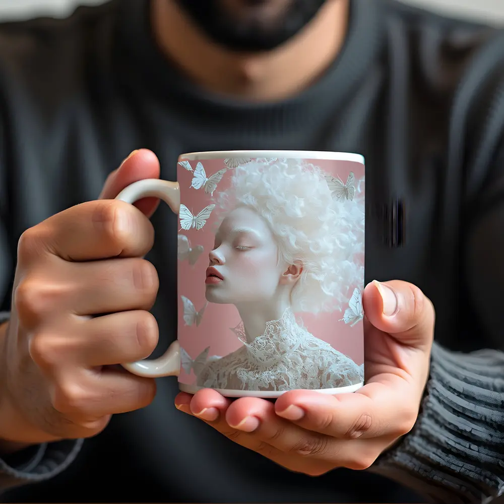 Albino Woman White Butterflies Pink Background – Mugs