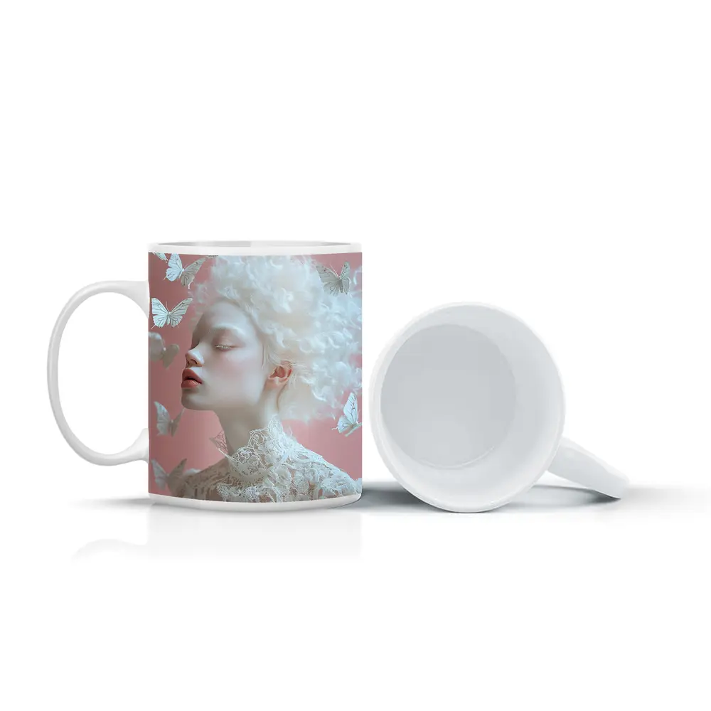 Albino Woman White Butterflies Pink Background – Mugs