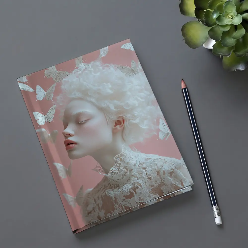 Albino Woman White Butterflies Pink Background – Notebooks