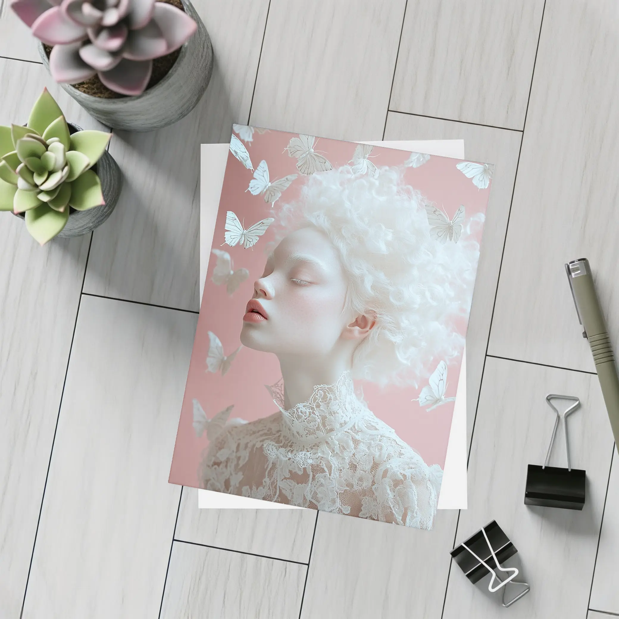 Albino Woman White Butterflies Pink Background – Postcards