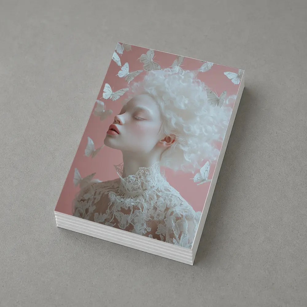 Albino Woman White Butterflies Pink Background – Postcards