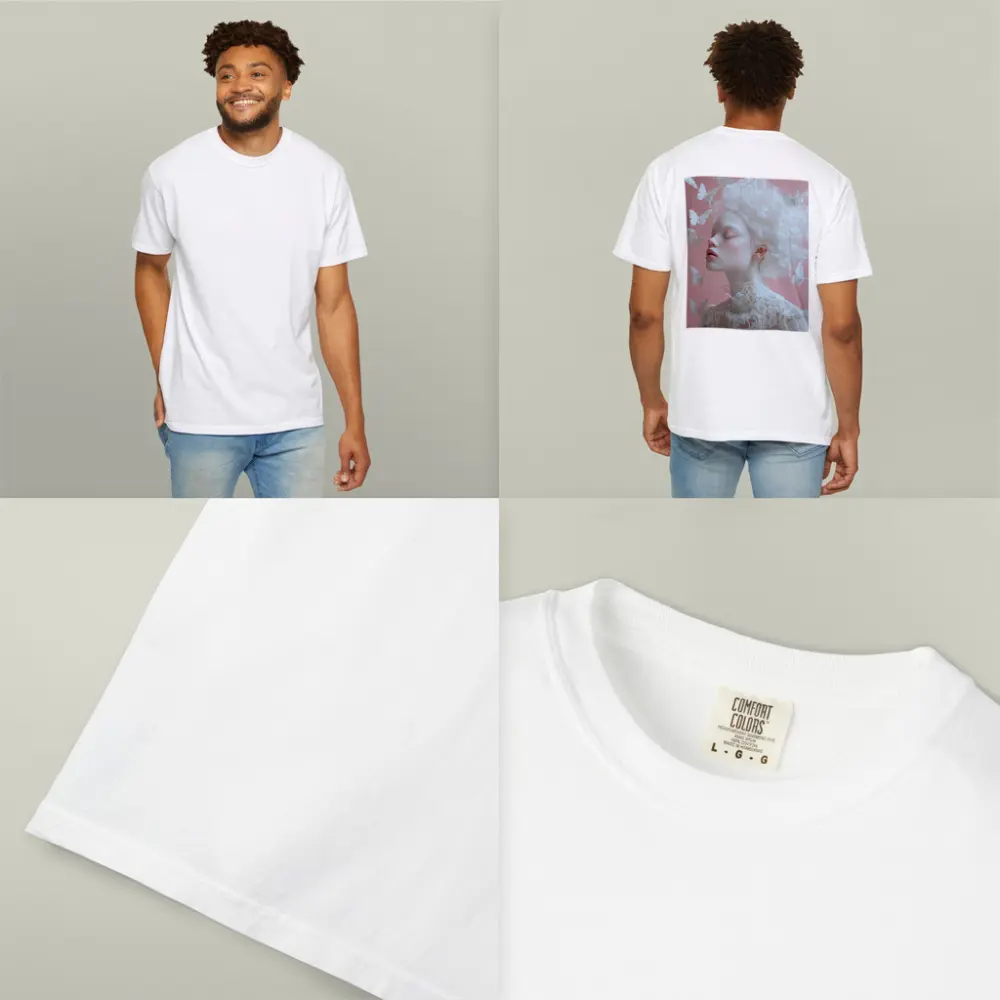 Albino Woman White Butterflies Pink Background – T-Shirts