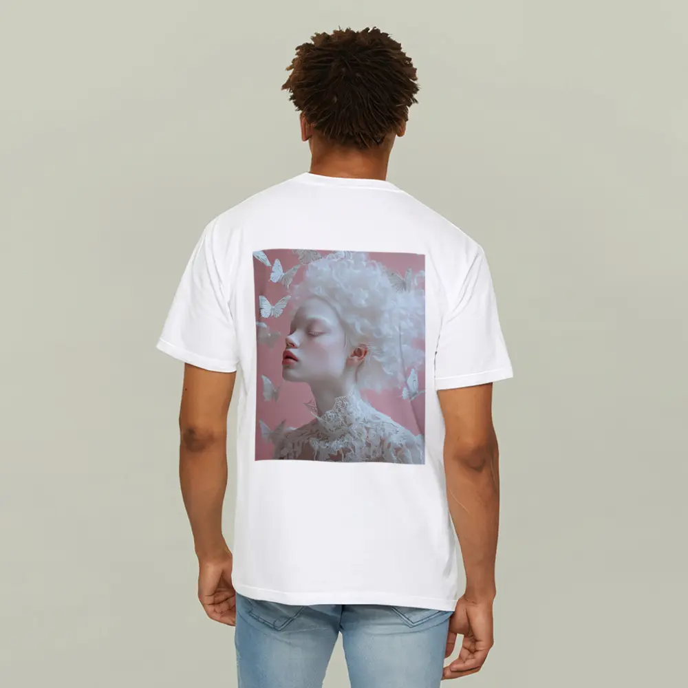 Albino Woman White Butterflies Pink Background – T-Shirts