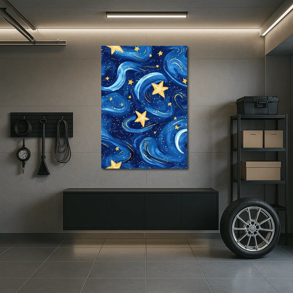 Swirling Night Sky Stars Blue Illustration – Wall Art