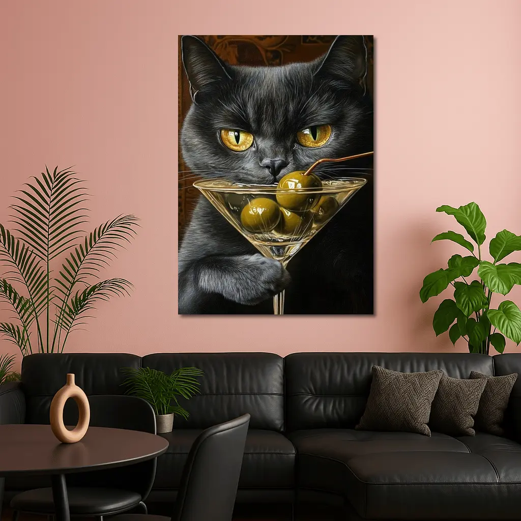 Gray Cat Holding Martini Glass With Olives – Wall Art