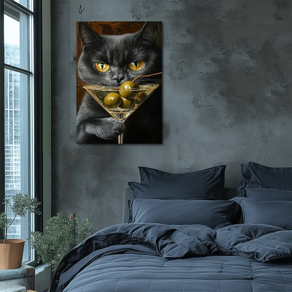 Gray Cat Holding Martini Glass With Olives – Wall Art