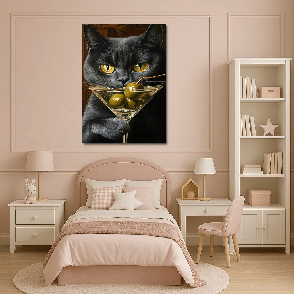 Gray Cat Holding Martini Glass With Olives – Wall Art