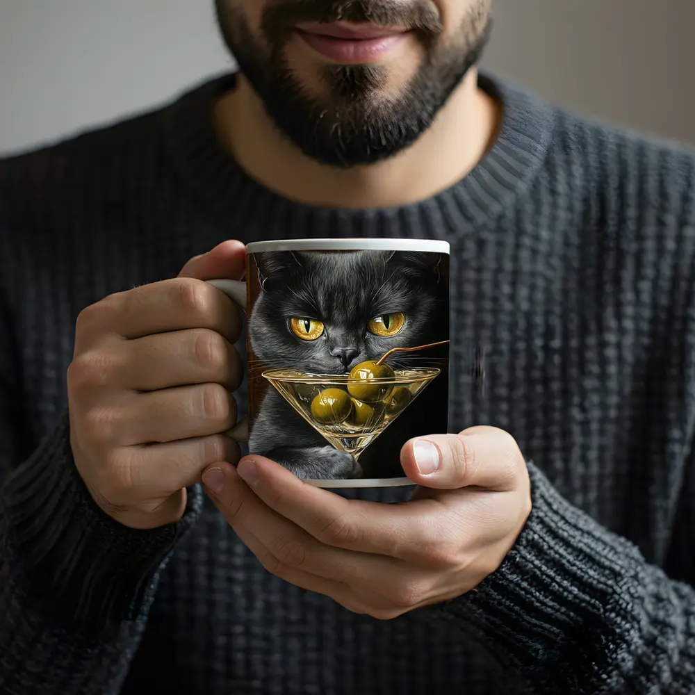 Gray Cat Holding Martini Glass With Olives – Mugs