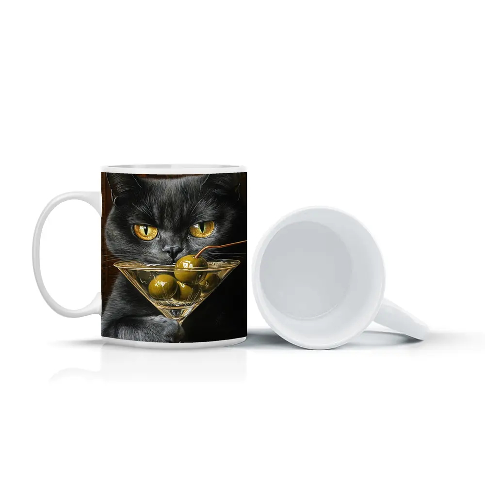 Gray Cat Holding Martini Glass With Olives – Mugs