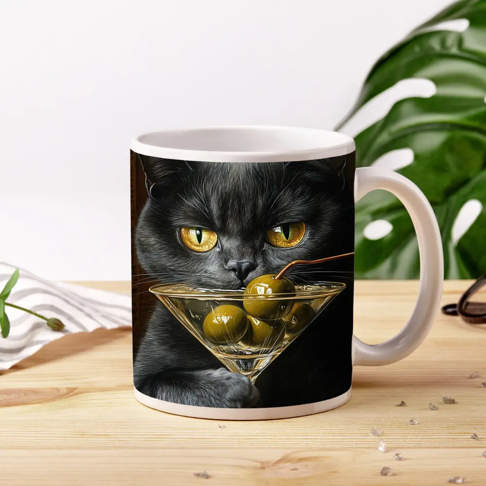 Gray Cat Holding Martini Glass With Olives – Mugs