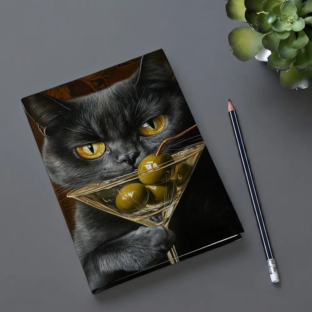 Gray Cat Holding Martini Glass With Olives – Notebooks