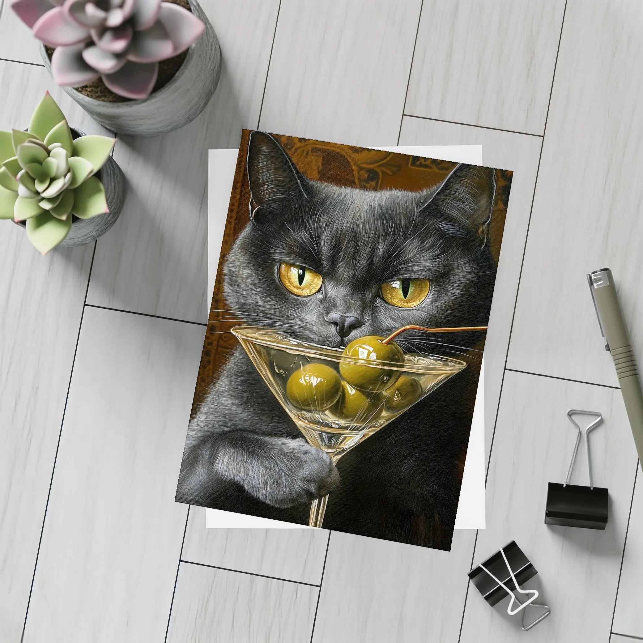 Gray Cat Holding Martini Glass With Olives – Postcards