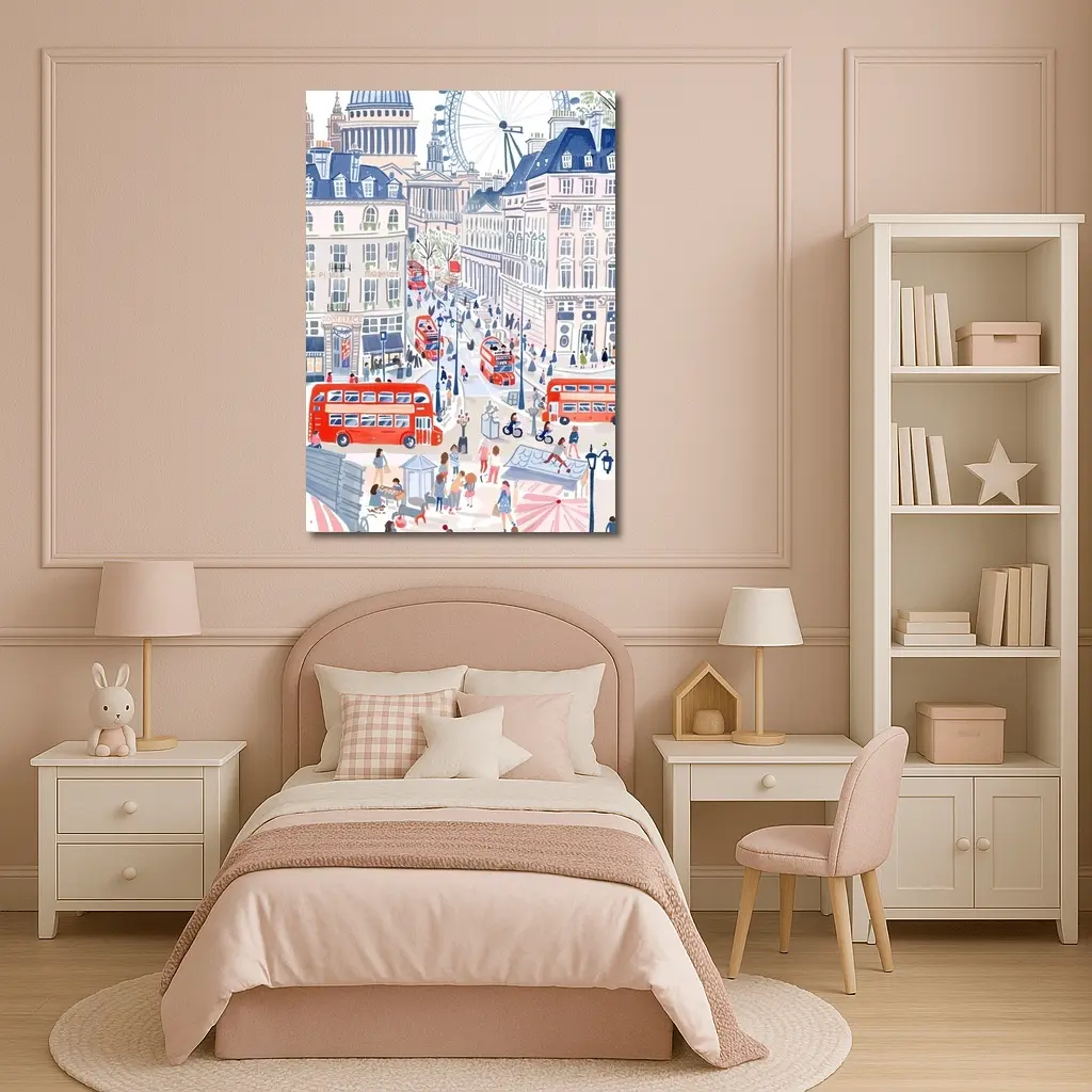 London Street Scene Illustration Red Buses – Wall Art