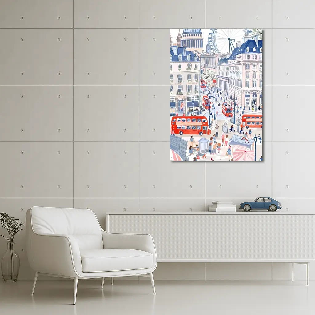 London Street Scene Illustration Red Buses – Wall Art