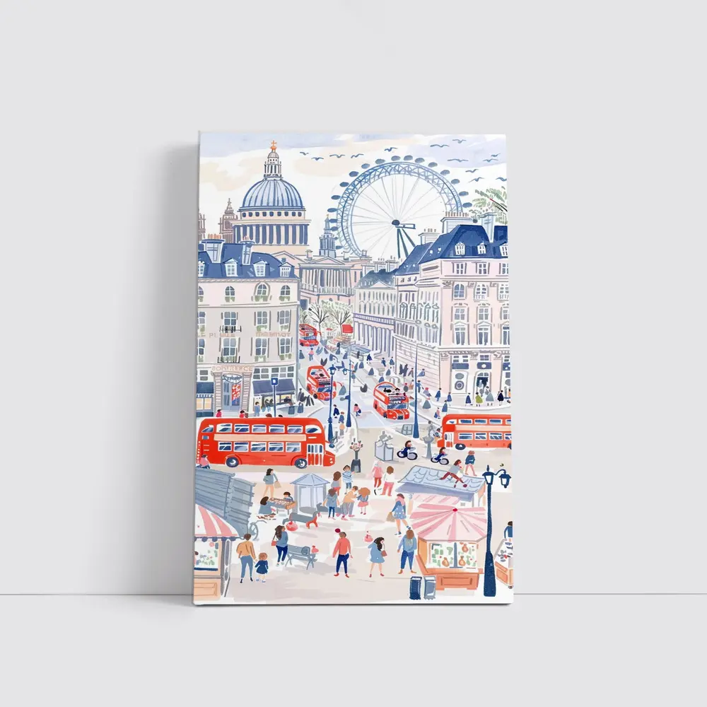 London Street Scene Illustration Red Buses – Wall Art