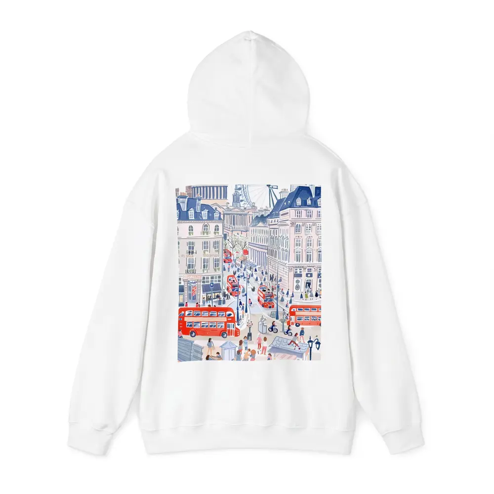 London Street Scene Illustration Red Buses – Hoodies
