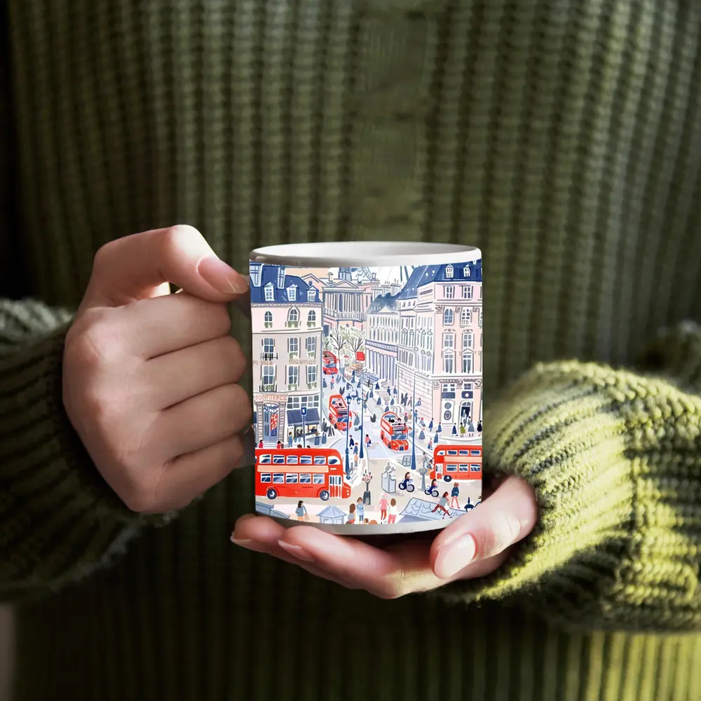 London Street Scene Illustration Red Buses – Mugs
