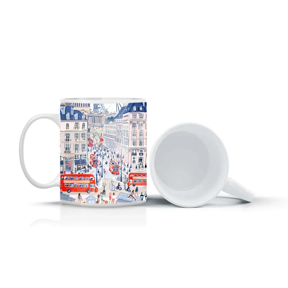 London Street Scene Illustration Red Buses – Mugs