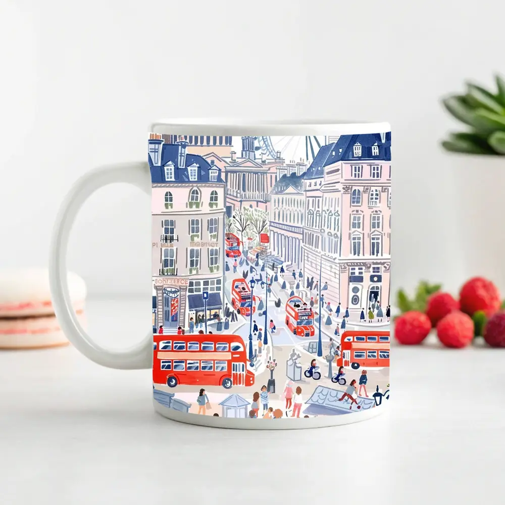 London Street Scene Illustration Red Buses – Mugs