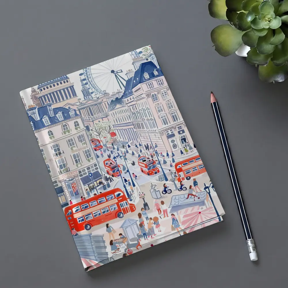 London Street Scene Illustration Red Buses – Notebooks