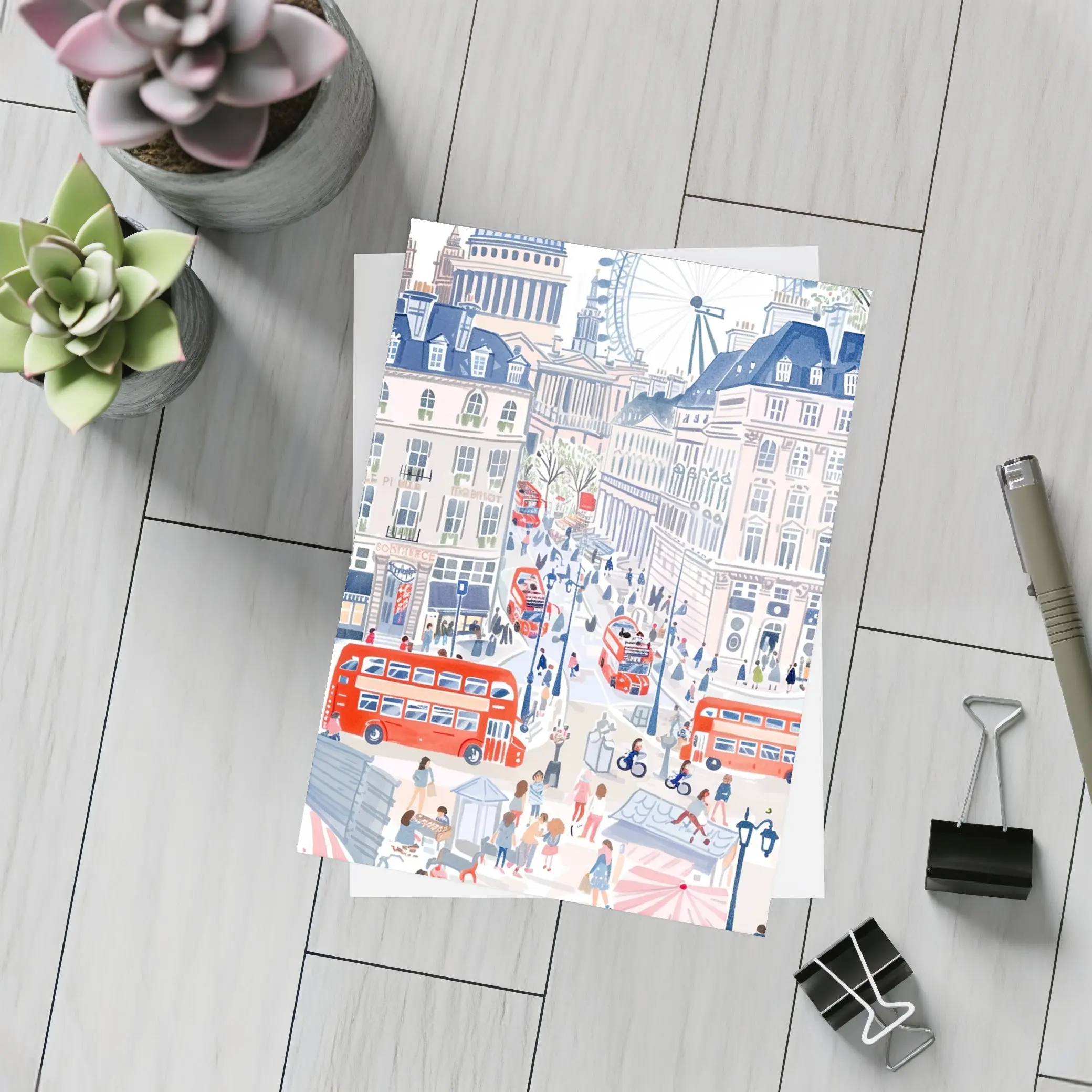London Street Scene Illustration Red Buses – Postcards
