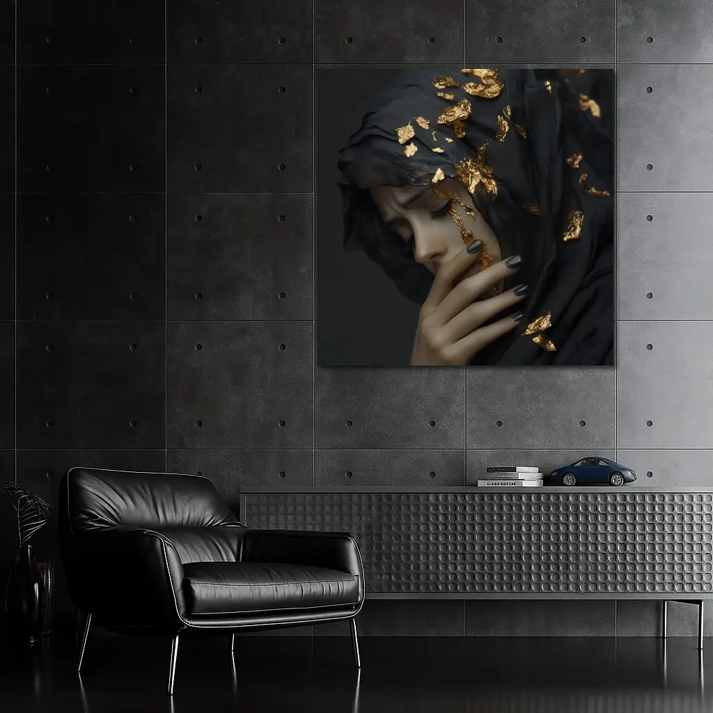 Woman Black Veil Gold Leaf Dark Portrait – Wall Art