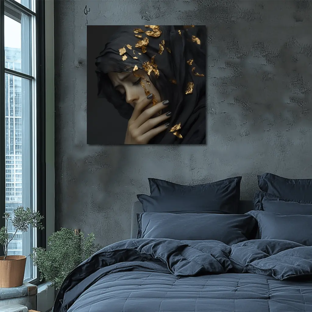 Woman Black Veil Gold Leaf Dark Portrait – Wall Art