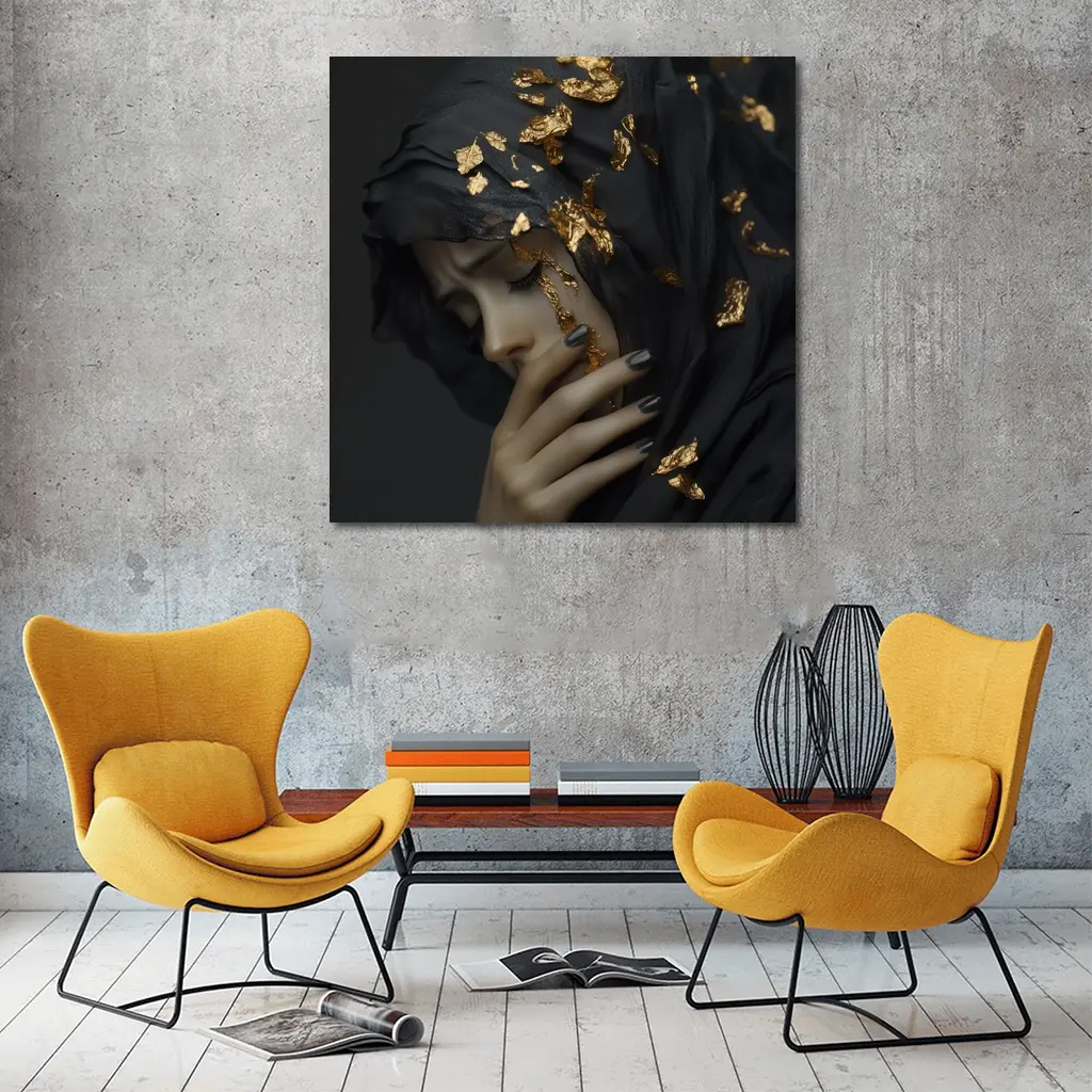 Woman Black Veil Gold Leaf Dark Portrait – Wall Art