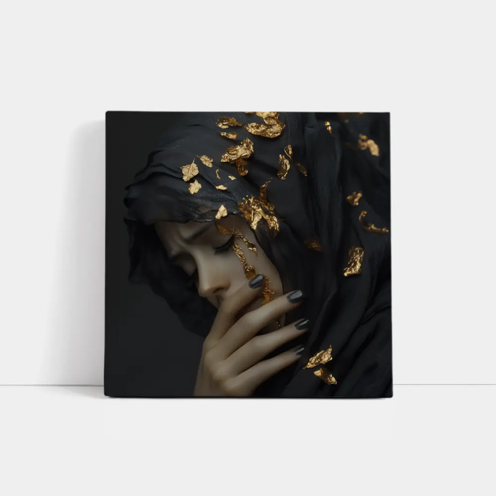 Woman Black Veil Gold Leaf Dark Portrait – Wall Art