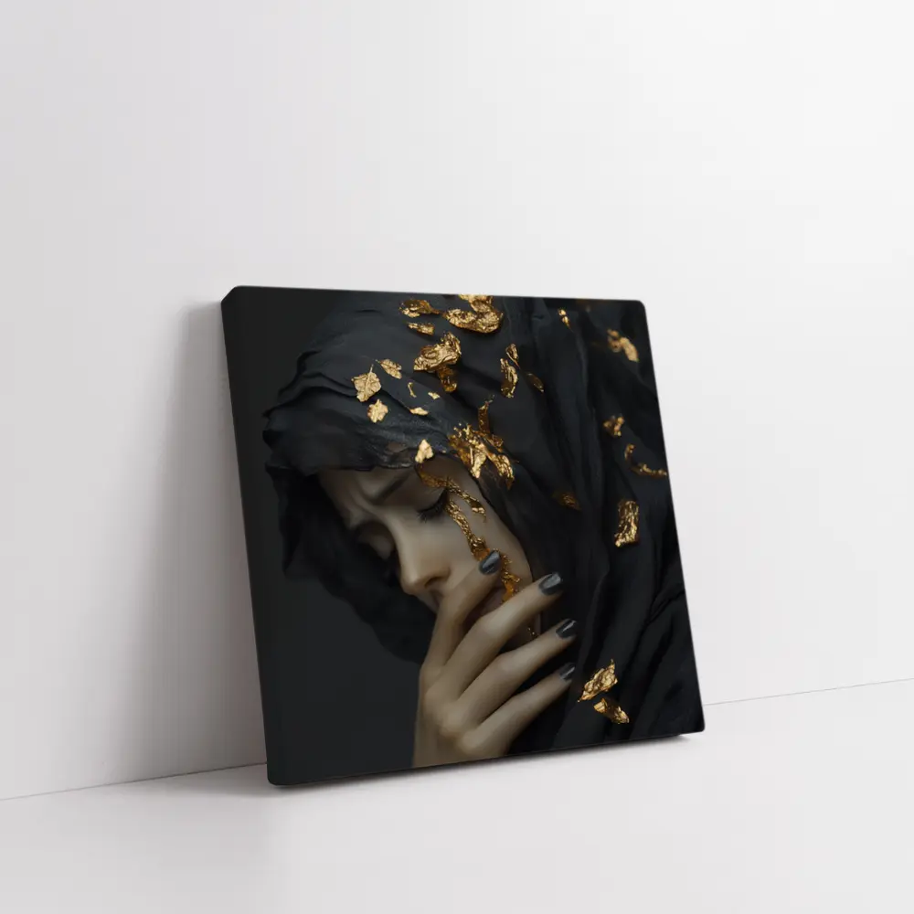 Woman Black Veil Gold Leaf Dark Portrait – Wall Art