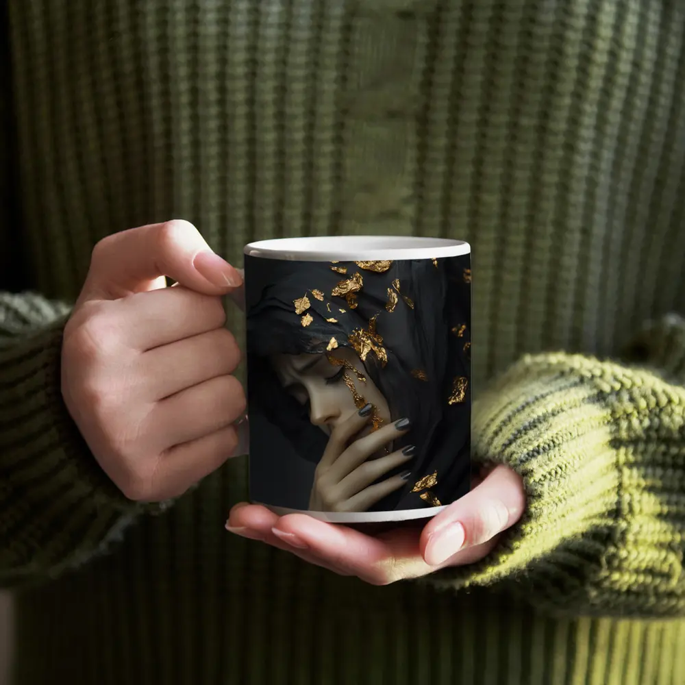 Woman Black Veil Gold Leaf Dark Portrait – Mugs