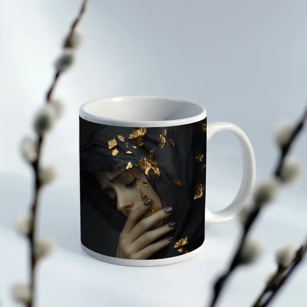Woman Black Veil Gold Leaf Dark Portrait – Mugs