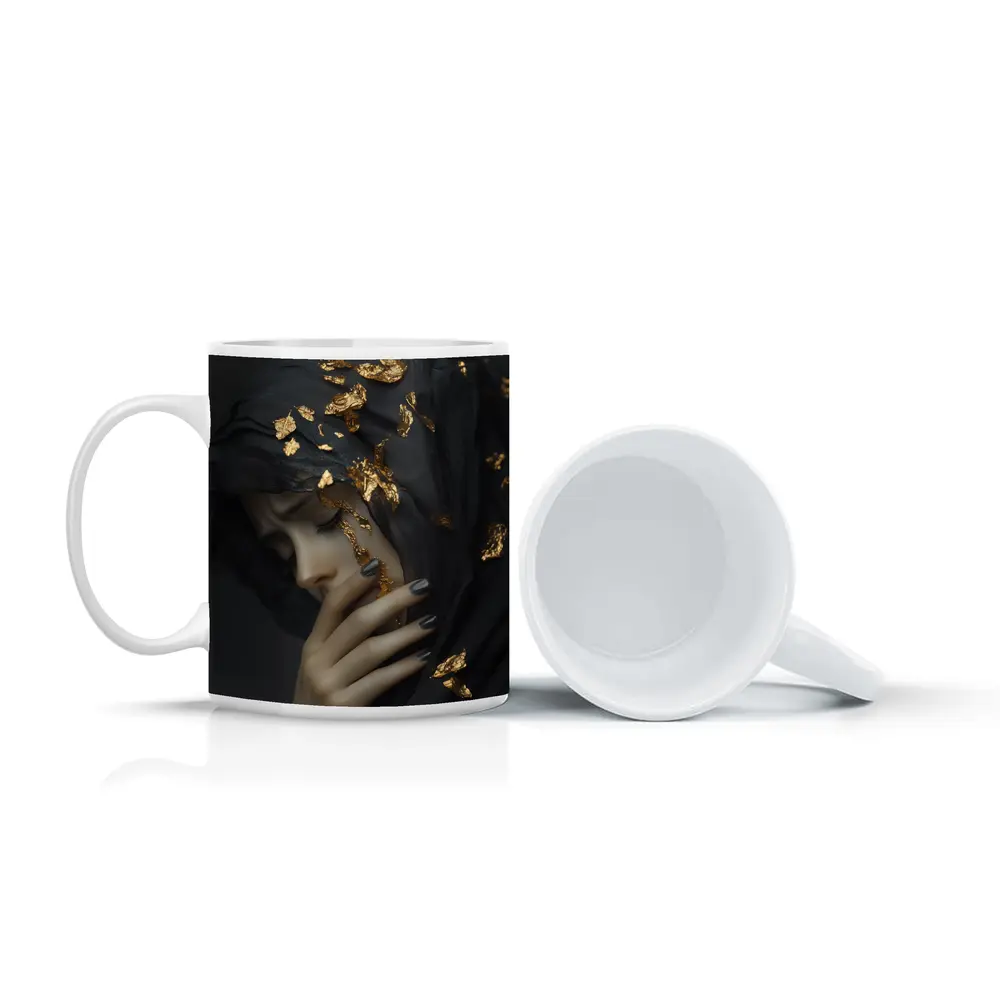 Woman Black Veil Gold Leaf Dark Portrait – Mugs