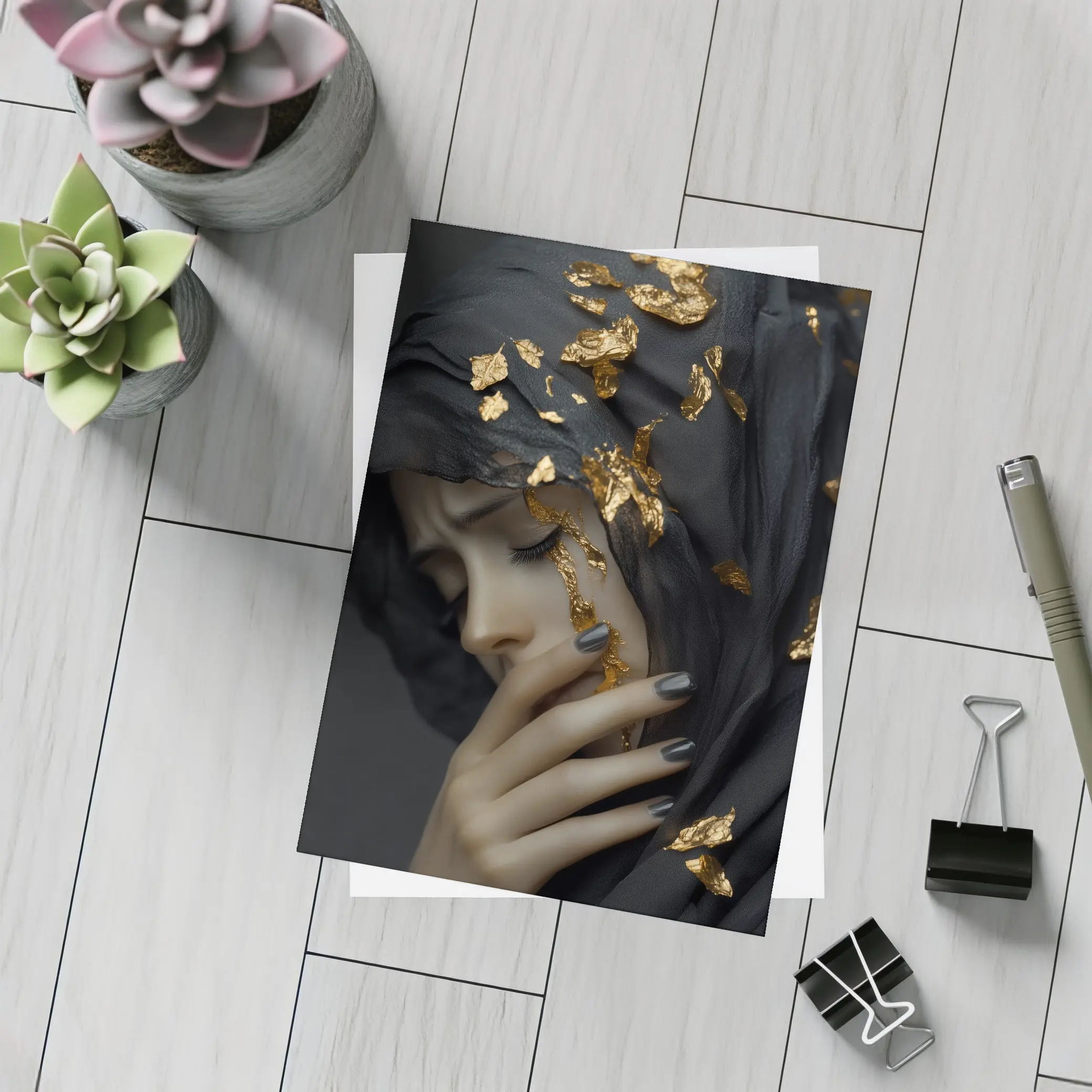 Woman Black Veil Gold Leaf Dark Portrait – Postcards