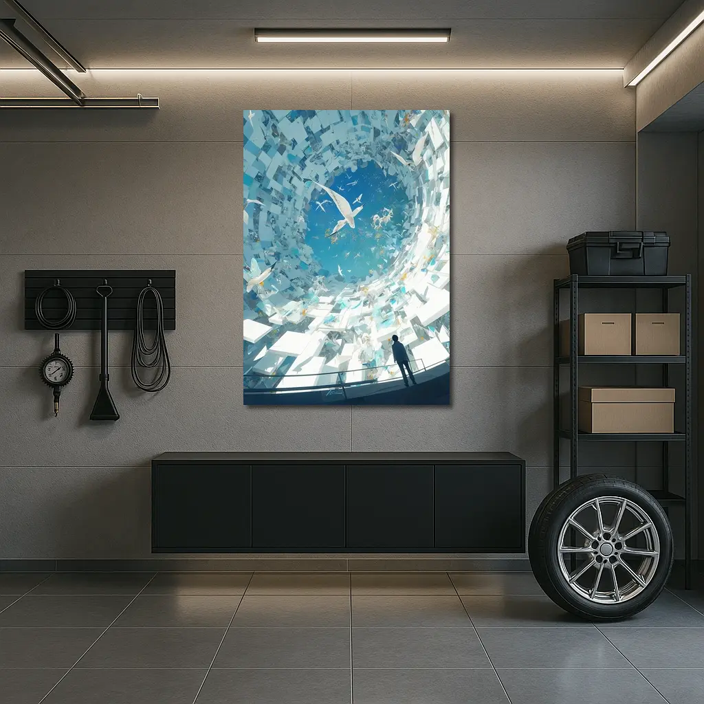 Man Standing Inside Swirling Birds Vortex – Wall Art