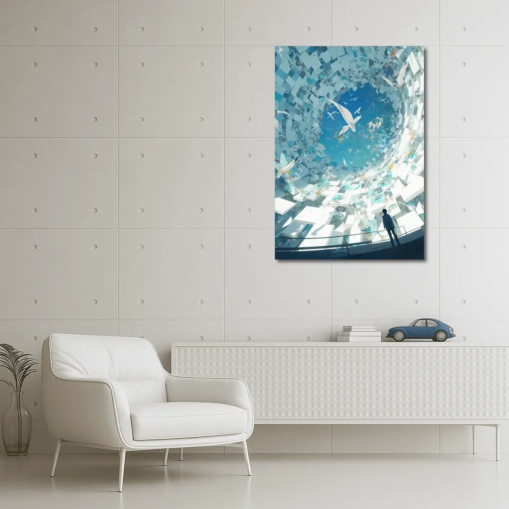 Man Standing Inside Swirling Birds Vortex – Wall Art