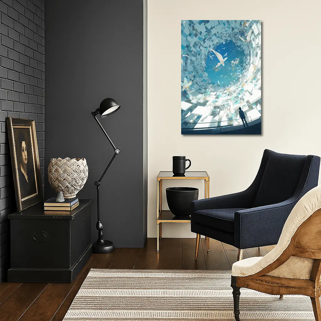 Man Standing Inside Swirling Birds Vortex – Wall Art