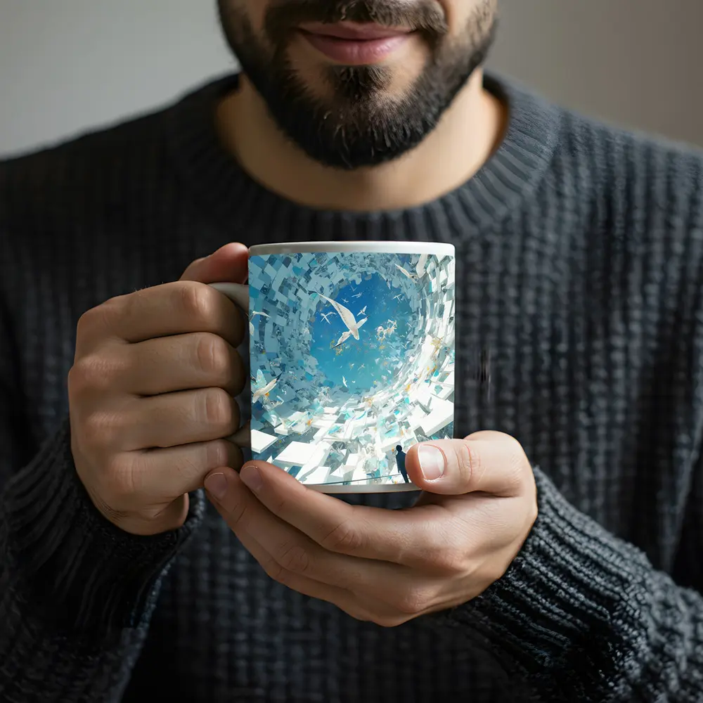 Man Standing Inside Swirling Birds Vortex – Mugs