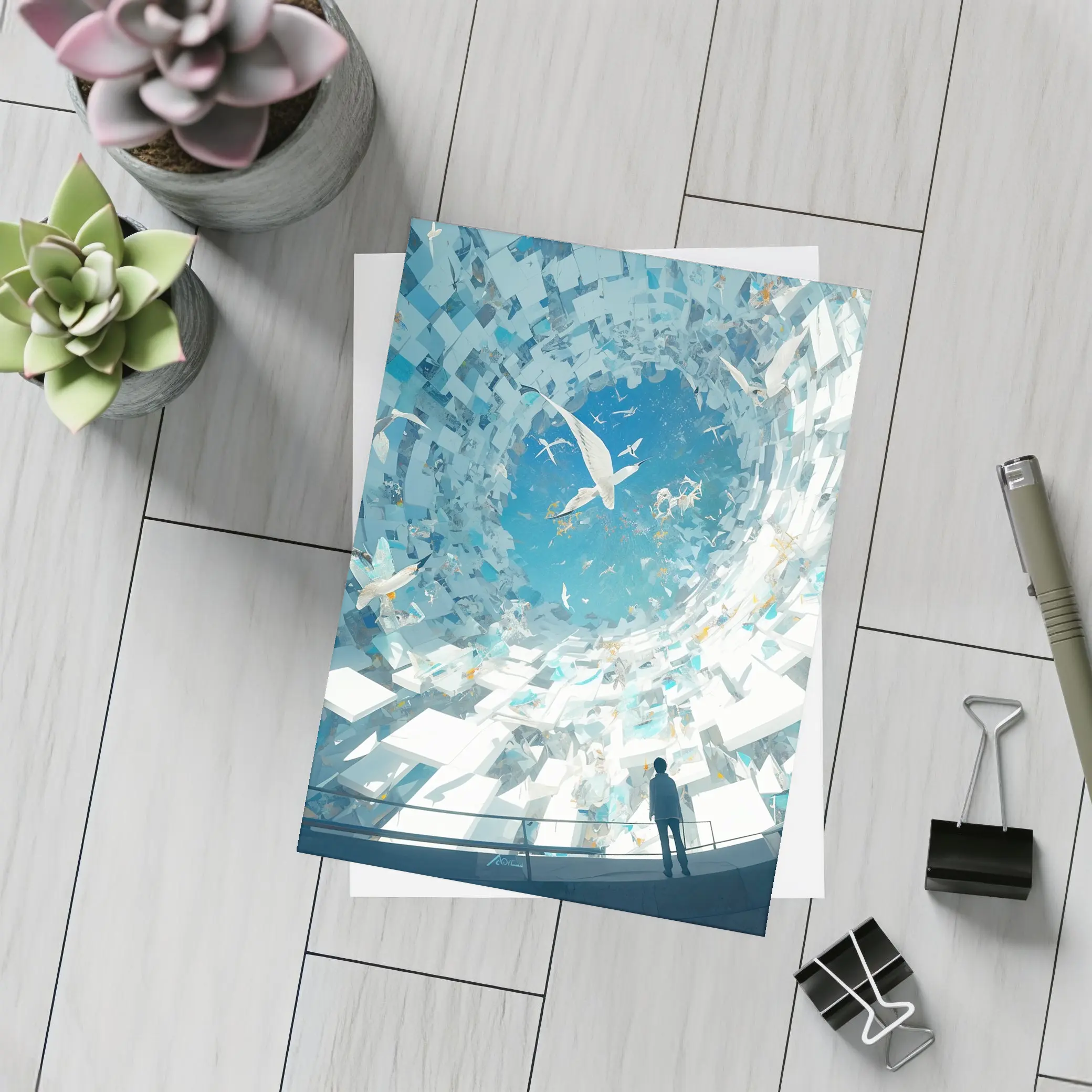Man Standing Inside Swirling Birds Vortex – Postcards
