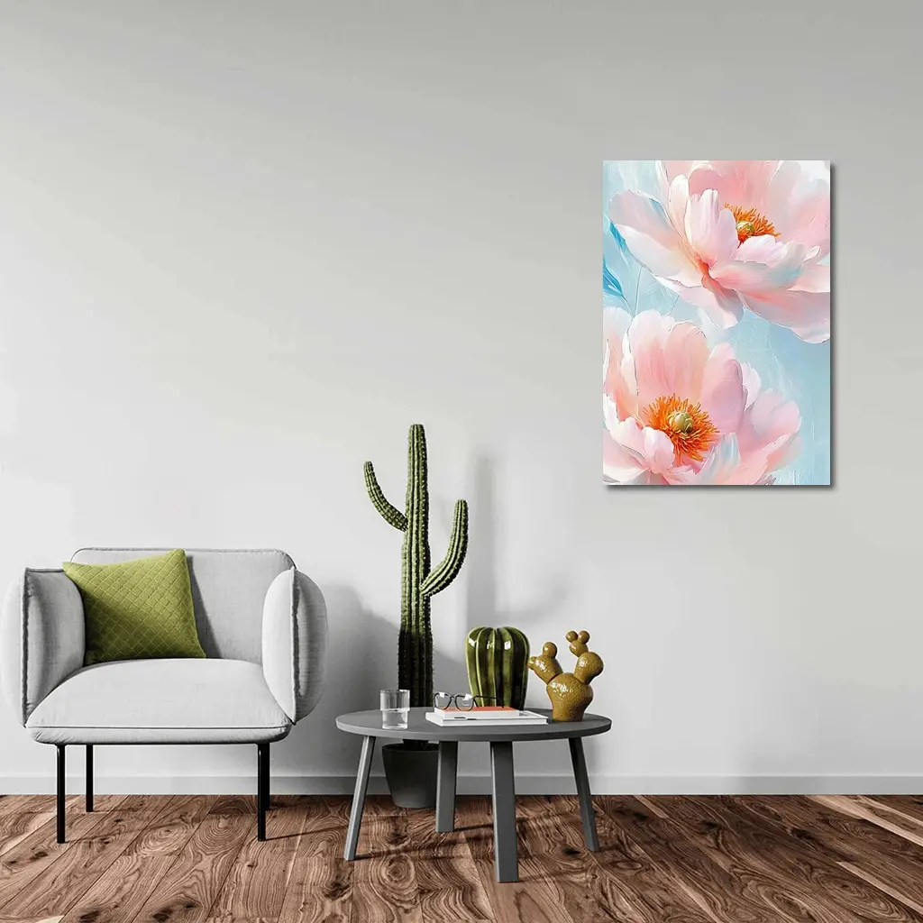 Pink Peonies Oil Painting Light Blue Background – Wall Art