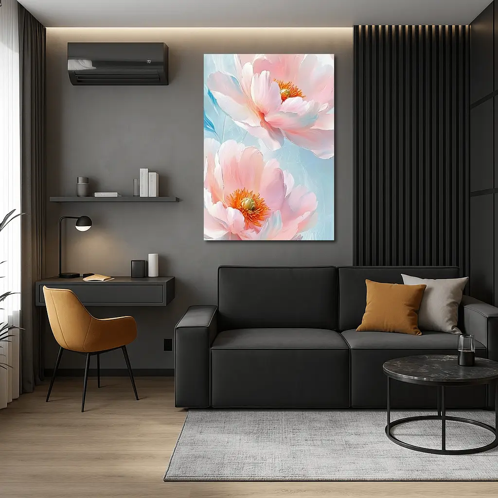 Pink Peonies Oil Painting Light Blue Background – Wall Art