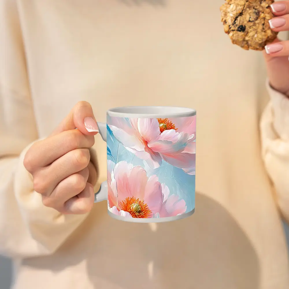 Pink Peonies Oil Painting Light Blue Background – Mugs