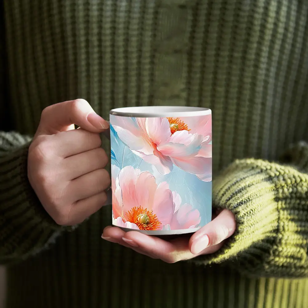 Pink Peonies Oil Painting Light Blue Background – Mugs